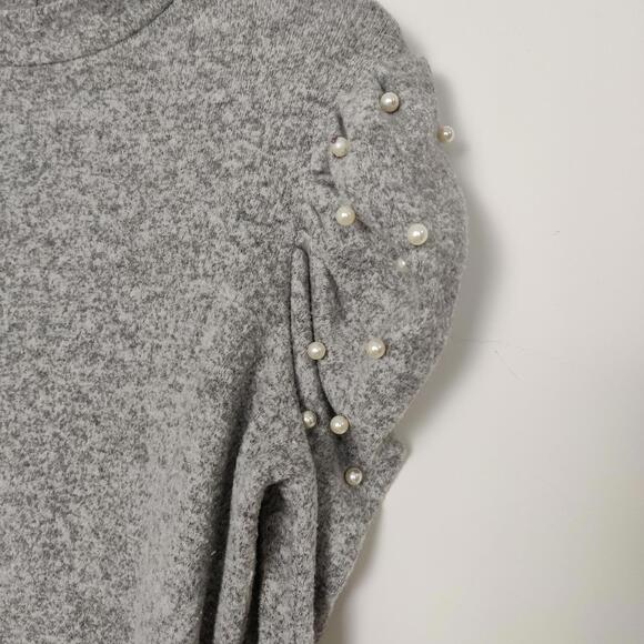 Zara Pearl Puff Sleeve Knit Top Gray Size Medium Feminine Business Casual - Picture 2 of 8